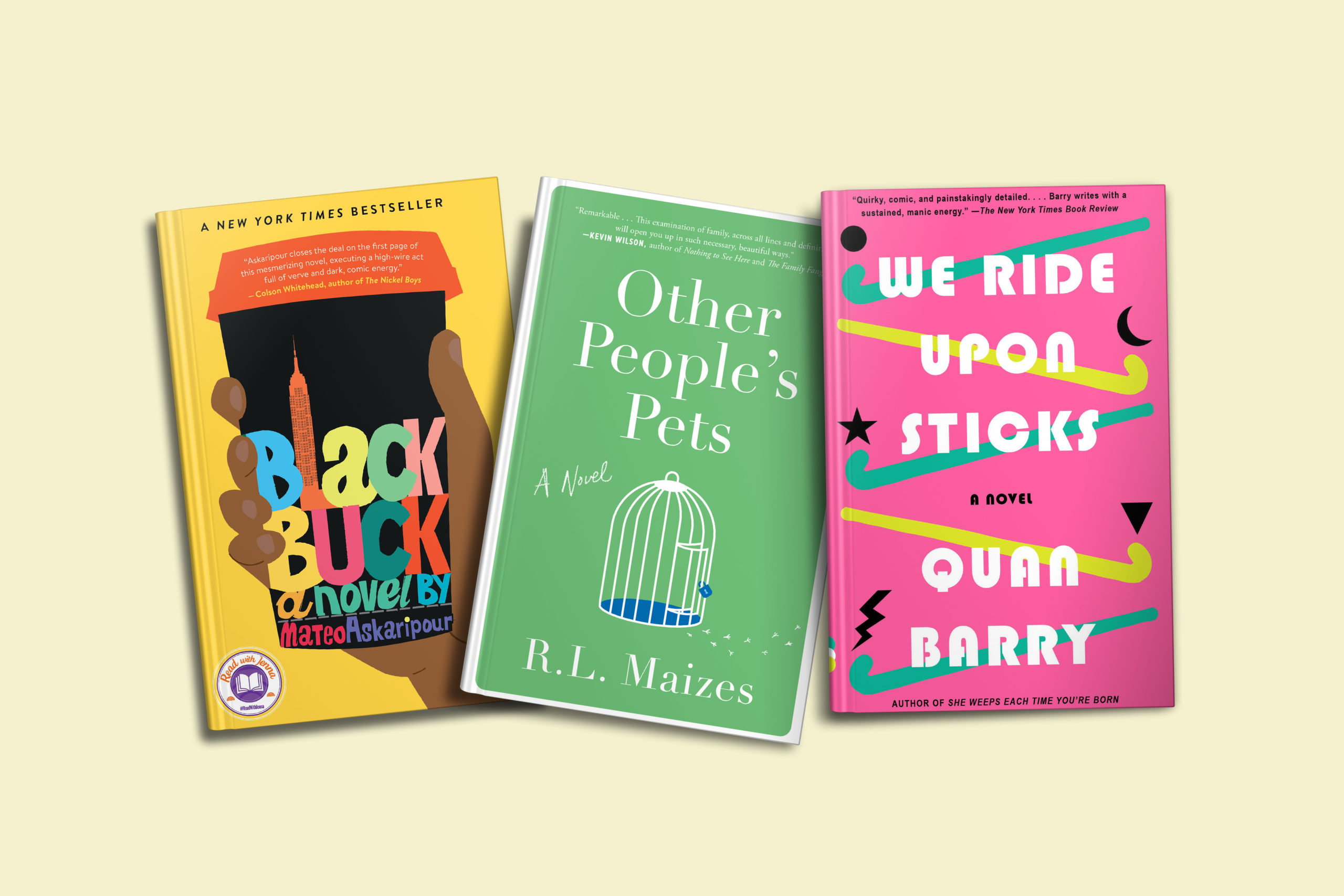 Three vibrant book covers displayed against a beige background, showcasing a range of contemporary fiction titles with eye-catching typography and graphics.