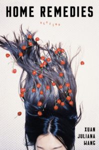 A person lies with their hair spread out, decorated with bright red cherry tomatoes, on the cover of xuan juliana wang's "home remedies" book.