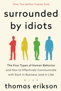 Promotional cover for the book 'surrounded by idiots' by thomas erikson, showcasing its success and delving into human behavior in various aspects of life.