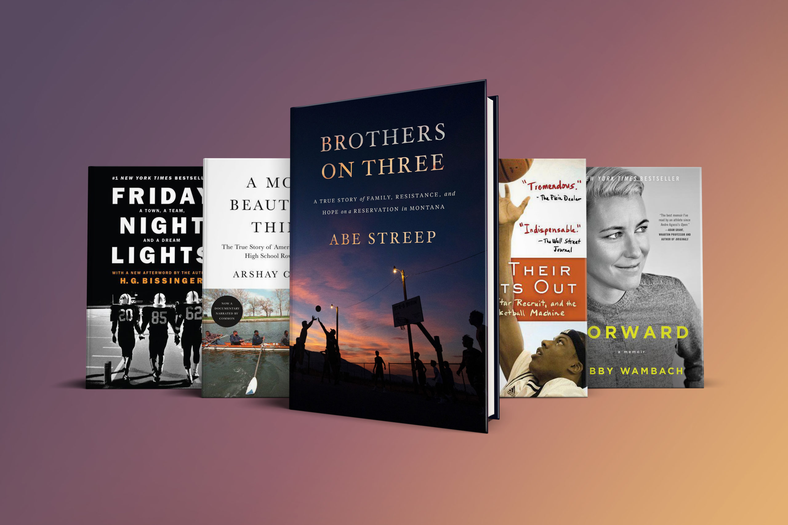 A collection of books with diverse themes displayed against a gradient background, featuring biographies, sports stories, and personal journeys.