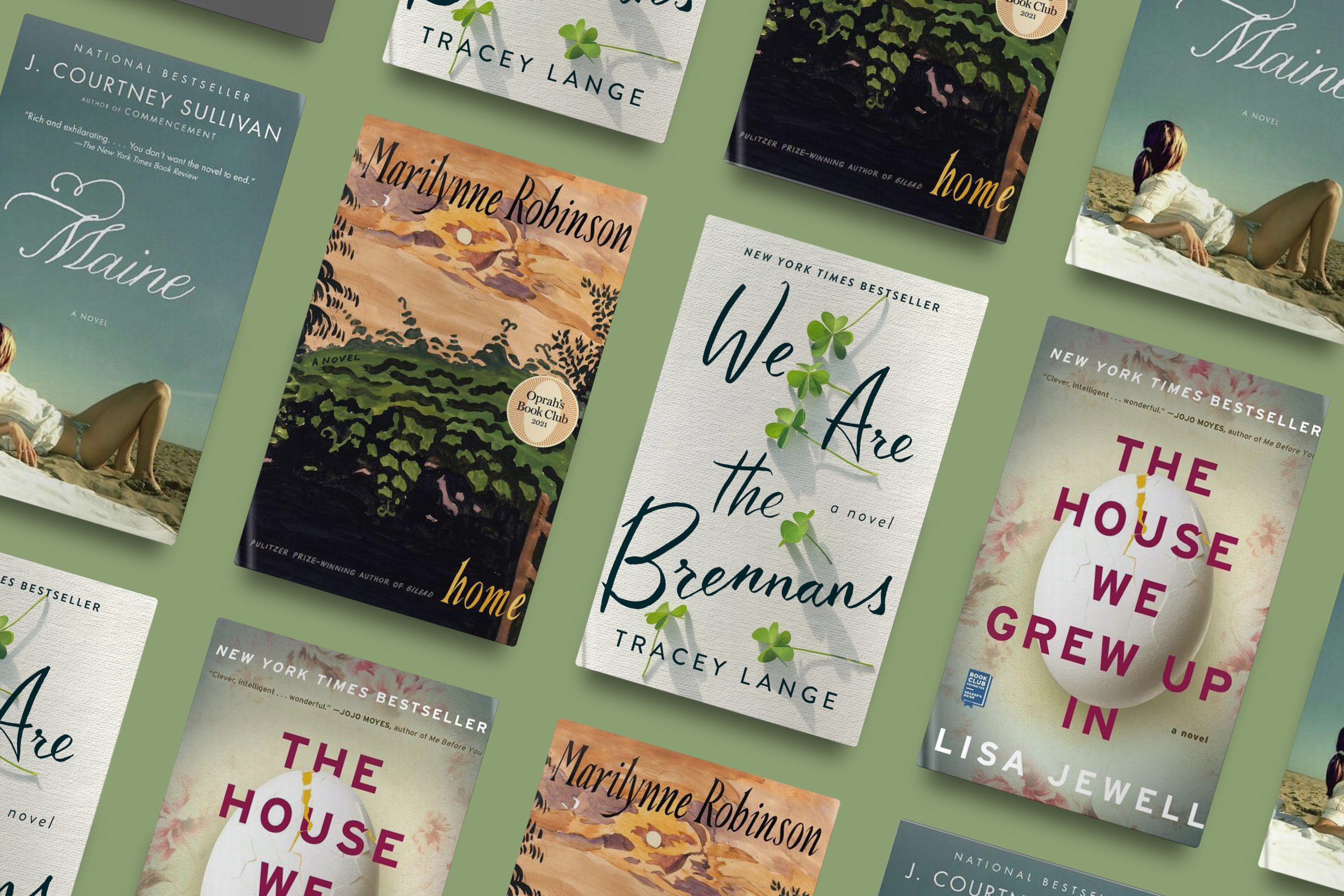 A collection of contemporary novels with their covers on display, suggesting themes of family, home, and personal journeys.