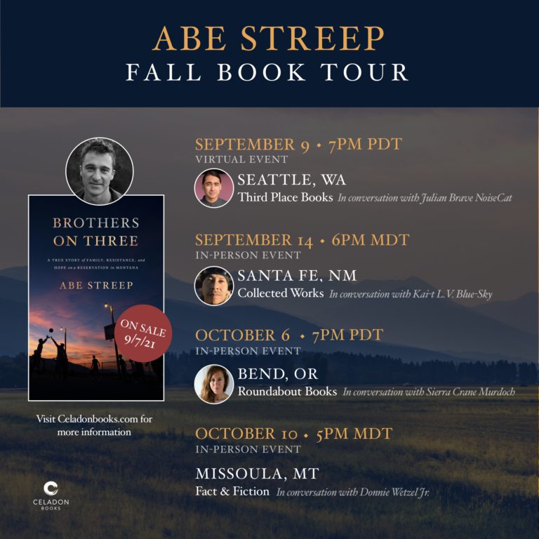 A promotional poster for "abe streep book tour" with details about the virtual event and in-person signings in seattle, santa fe, and bend, featuring scenic backgrounds and a photo of the author.