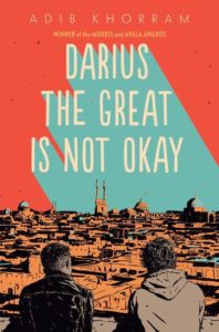 Book cover of "darius the great is not okay" featuring two figures looking out over a cityscape with prominent architectural silhouettes against a dusk-colored backdrop.