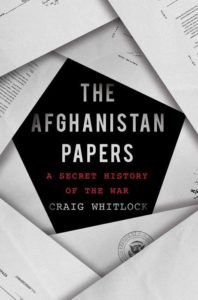 A book cover with the title "the afghanistan papers" by craig whitlock, featuring a central, bold text with a black polygonal backdrop, overlaid on scattered documents, suggesting a theme of revealing hidden truths about the war in afghanistan.