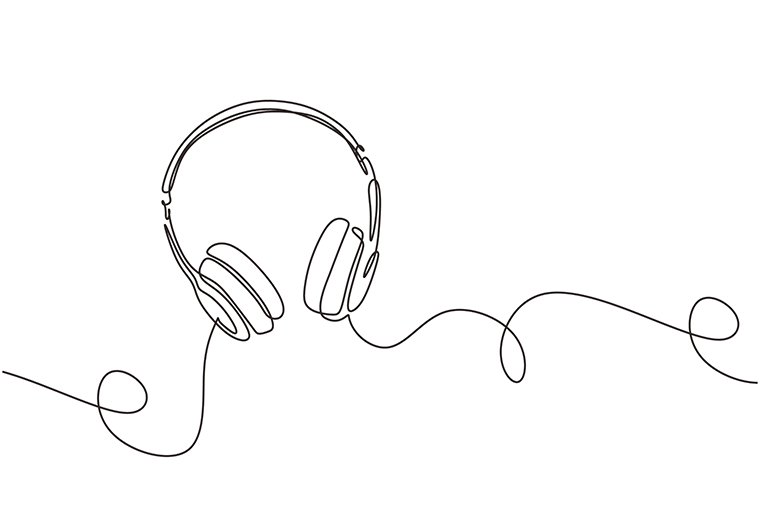 A minimalist line art illustration of a pair of headphones with its cord loosely dangling.