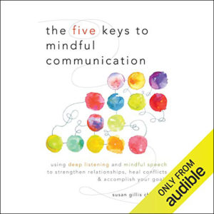 Cover of 'the five keys to mindful communication' audiobook by susan gillis chapman, featuring a cluster of colorful speech bubbles symbolizing thoughtful dialogue and the power of effective communication.