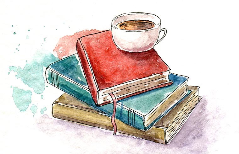A serene moment captured with a watercolor painting of a steaming mug of coffee resting atop a stack of hardcover books, evoking the cozy pleasure of a reading break.
