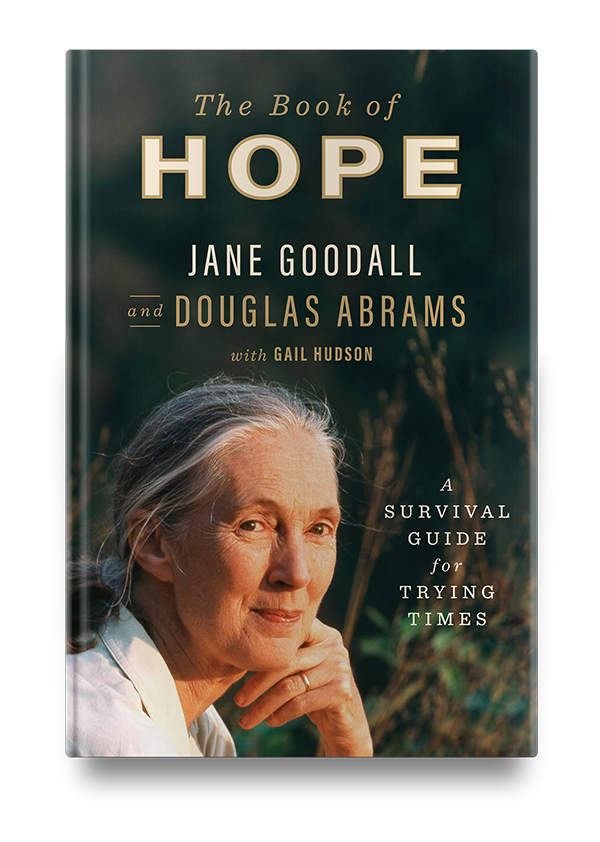 A contemplative woman gazes into the distance on the cover of "the book of hope: a survival guide for trying times" by jane goodall and douglas abrams, with gail hudson.