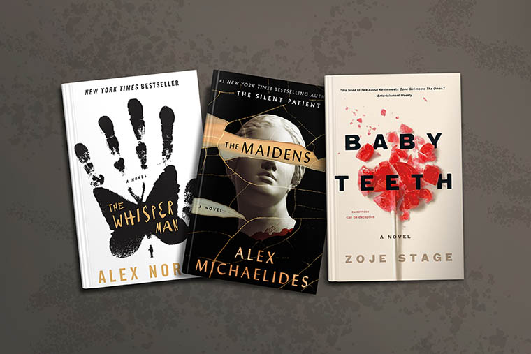 Three gripping novels with haunting themes on display: "the whisper man" with an ominous handprint, "the maidens" covered in cryptic symbolism, and "baby teeth" marked by a chilling bite.