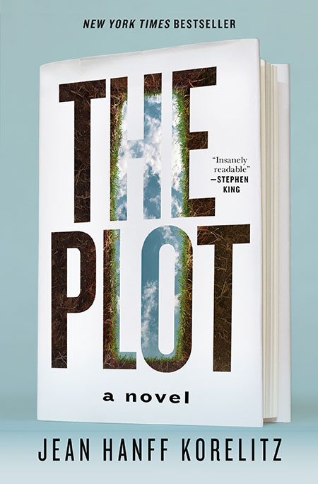 Cover of.Korelitz's book The Plot, which features a blue background with a white book and text THE PLOT superimposed onto the image