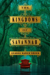 A mystical and haunting book cover for "the kingdoms of savannah" by george dawes green, featuring an ornate and regal title design superimposed over a deep green, swampy backdrop with a solitary, striking red chair partially submerged in water.