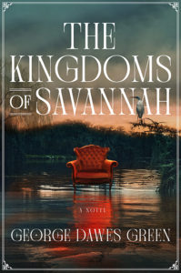 A lone elegant red armchair stands amidst a flooded savannah landscape under a brooding sky, accompanied by a solitary bird perched on its backrest, evoking a sense of mysterious tranquility in the wilderness – a cover for "the kingdoms of savannah" by george dawes green.