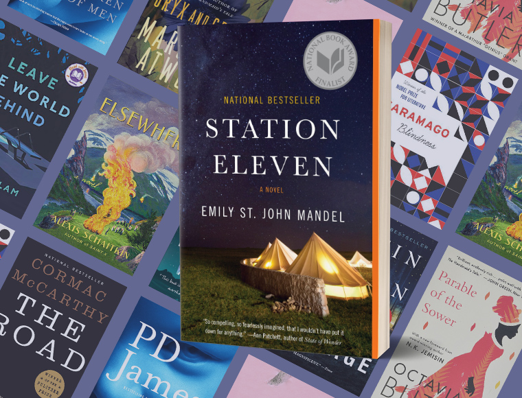 A collage of various novels with "station eleven" by emily st. mandel prominently highlighted in the center, suggesting a theme of impactful literature or a reading list recommendation.