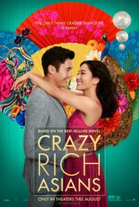 A joyful couple embracing, surrounded by a vibrant collage of luxury and traditional symbols, teasing the opulent and cultural adventure that awaits in "crazy rich asians.