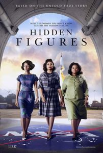 Three determined women walk confidently towards the camera with a backdrop of a space rocket and mathematical equations, symbolizing their integral role in a historic space mission, as depicted in a movie poster for "hidden figures.
