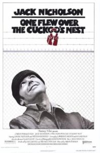 A classic movie poster for "one flew over the cuckoo's nest" featuring a prominent image of jack nicholson looking upwards with a playful expression, set against a stark background that resembles an electrocardiogram (ekg) reading.