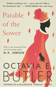 A striking book cover featuring a silhouette of a woman in a red dress, with botanical elements and fiery motifs, representing octavia e. butler's "parable of the sower.