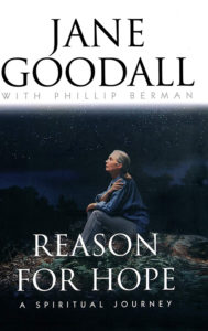 A contemplative woman sitting under a starry sky with a serene expression, representing reflection and hope, on the cover of a book titled "reason for hope: a spiritual journey" by jane goodall.