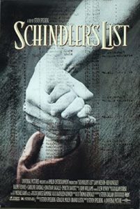 A poignant movie poster featuring two hands clasped together, one small and the other protective, set against a hazy backdrop, for the film "schindler's list," with text detailing the film's title, credits, and accolades.