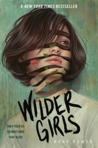 A hauntingly beautiful book cover illustration for "wilder girls" by rory power, featuring a young girl with a mysterious and eerie fusion of natural elements intertwining with her visage.