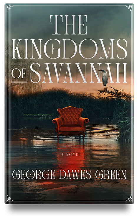 An evocative book cover for 'the kingdoms of savannah' by george dawes green, featuring an antique chair partially submerged in water with a heron standing atop, reflecting a mysterious and atmospheric tale.