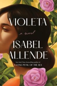Artistic book cover featuring a woman's profile with cascading hair, intertwined with vibrant pink roses, representing isabel allende's novel 'violeta'.