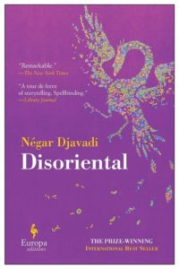 A book cover with artistic peacock design for negar djavadi's "disoriental," praised as a storytelling masterpiece by the new york times.