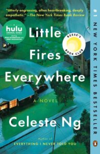 Cover of the novel "little fires everywhere" by celeste ng, featuring a suburban neighborhood at dusk with a glowing house, acclaimed by the new york times book review and part of reese's book club.
