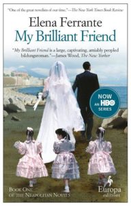 A promotional poster for elena ferrante's novel "my brilliant friend," featuring a bride and groom followed by young girls in dresses, with a beach backdrop, and information about the hbo series adaptation.