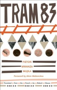 Abstract geometric book cover design for "tram 83" by fiston mwanza mujila, featuring triangular patterns and circular textures in a warm color palette.