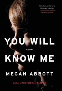 A book cover for megan abbott's novel "you will know me," featuring a highly contrasting image of a woman's profile with the title prominently displayed.