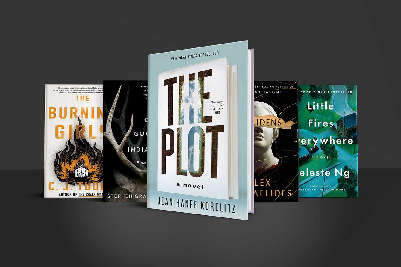 A collection of five assorted novels displayed in a stylish layout with varying positions, showcasing their intriguing covers and spines.
