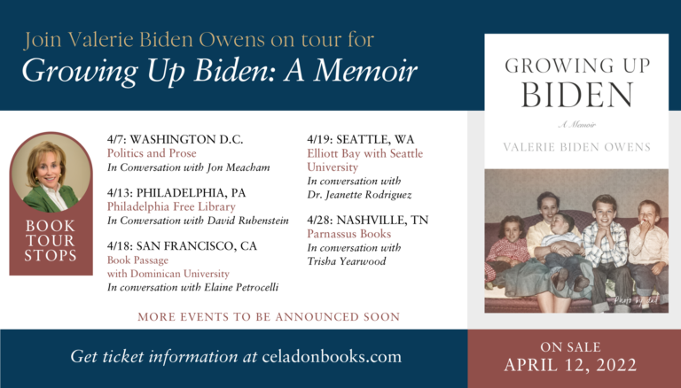 Promotional advertisement for valerie biden owens' book tour featuring her memoir "growing up biden," with dates, locations, and additional information on upcoming events and discussions.