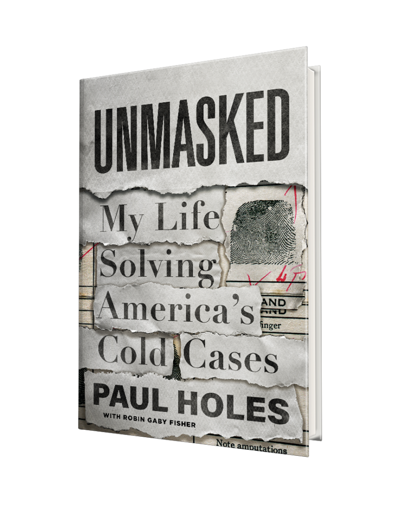 A gritty, intriguing book titled "unmasked: my life solving america's cold cases" by paul holes, peeks through a torn cover design that suggests mystery and a forensic investigation theme.