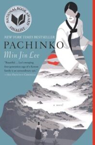 A stylized book cover of "pachinko" by min jin lee, featuring a monochrome illustration of a woman in traditional korean dress with a mountainous landscape below.
