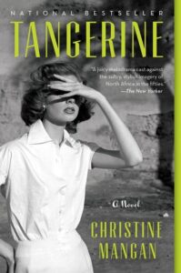 A woman in a vintage-style outfit covers her eyes with her hand against a textured backdrop, evoking a sense of mystery and drama, on the cover of "tangerine," a novel by christine mangan.