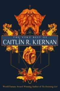 Book cover of 'the very best of caitlín r. kiernan,' showcasing intricate, symmetrical golden biological illustrations against a dark background, hinting at the fantastical and eerie themes within the pages by the world fantasy award-winning author of 'the drowning girl'.