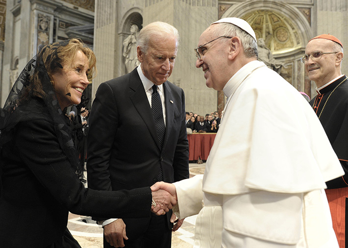 In this photo provided by the Vatican paper L'Osservatore Romano, Pope Francis meets U.S. Vice President Joe Biden and his sister, Valerie Biden Owens, after his installation Mass at the Vatican on Tuesday, March 19, 2013. Pope Francis has urged princes, presidents, sheikhs and thousands of ordinary people gathered for his installation Mass to protect God's creation, the weakest and the poorest of the world. (AP Photo/L'Osservatore Romano)
