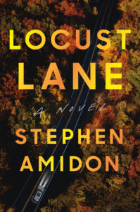 Aerial view of a road slicing through vibrant autumn foliage with a solitary car, set against a mysterious backdrop, teasing the suspense within the pages of stephen amidon's novel "locust lane.