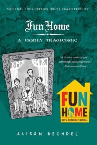Promotional poster for 'fun home,' a graphic novel by alison bechdel, featuring a stylized illustration of a family with the acclaim of being a national book critics circle award finalist and now adapted into a broadway musical.