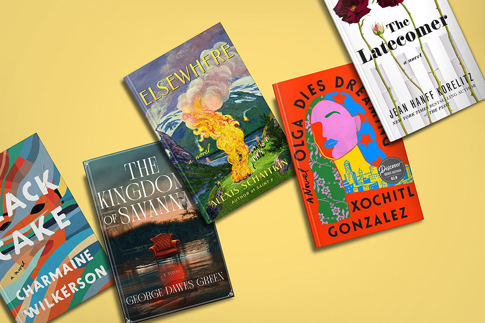 A vibrant display of five books with colorful covers arranged in a fan-like spread on a yellow background.
