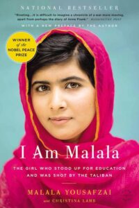 A book cover featuring a young woman wearing a pink headscarf, with the title "i am malala - the girl who stood up for education and was shot by the taliban" by malala yousafzai with christina lamb, and a badge noting it as a winner of the nobel peace prize.
