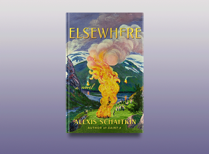 A book cover featuring an illustrated scene with a dramatic sky and smoke plume over a picturesque landscape, titled "elsewhere" by alexis schaitkin, indicating it is a novel.