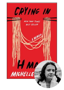 A person smiling in black and white is superimposed on a vibrant red book cover titled "crying in," with the subtitle "a memoir" and the author's name "h ma michelle." the book is noted as a "new york times best seller." decorative elements include what appear to be tassels hanging from a horizontal line at the top.
