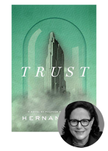 An author proudly presents her latest literary work, a novel entitled 'trust', set against the backdrop of a towering city skyline symbolizing the thematic depths within the pages.