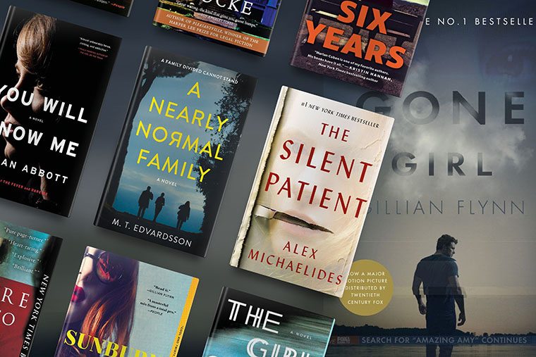 A collection of mystery and thriller novels spread out, with titles like "the silent patient" and "gone girl" capturing the allure of suspenseful storytelling.