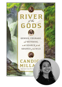 A book cover with the title "river of the gods: genius, courage, and betrayal in the search of the nile" by candice millard, set against a backdrop of a majestic waterfall. in the lower right corner, there is a smiling woman.