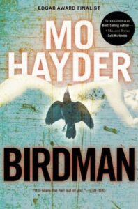 A book cover with the title "birdman" by mo hayder, featuring the silhouette of a bird in flight set against a textured backdrop with what appears to be the shadowy imprint of a human face.