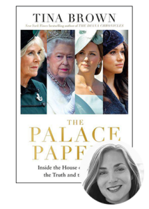 A promotional image of a book titled "the palace papers" by tina brown, featuring a collage of four women associated with the british royal family on the cover.