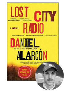 A book cover for "lost city radio" with critical acclaim reviews, overlaid by a semi-transparent photo of a man wearing a baseball cap.
